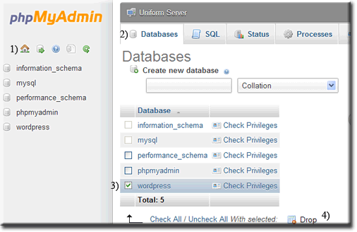 Create delete Database phpMyAdmin